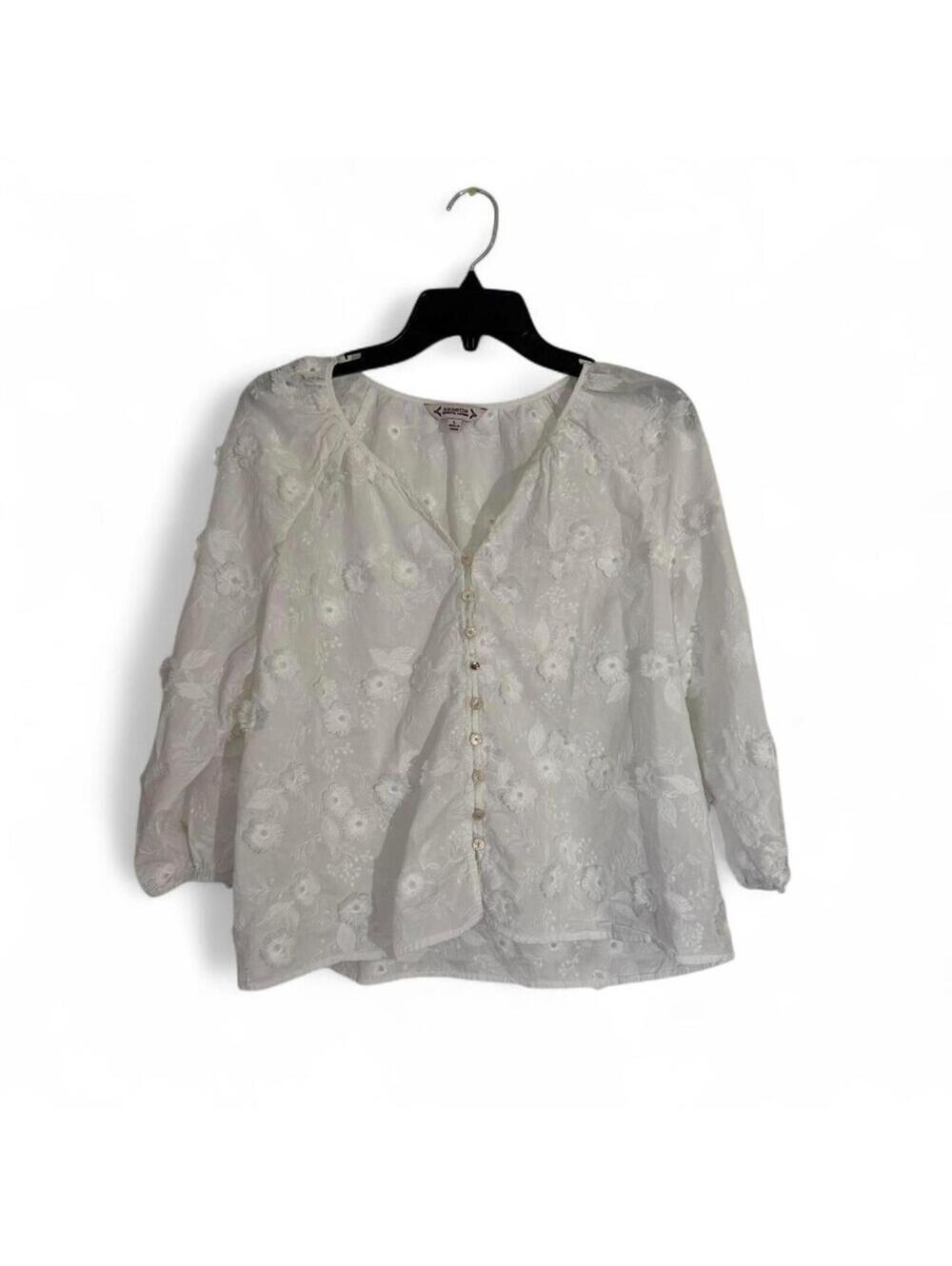 Nanette Lepore white floral embroidered blouse button-up front 3/4 sleeves LARGE
